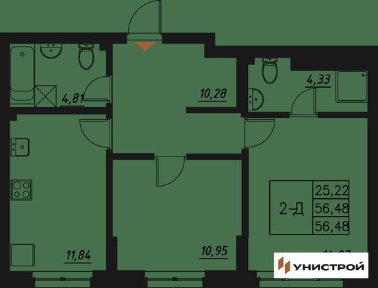 56,5 м², 2-комн. квартира, 5/20 этаж