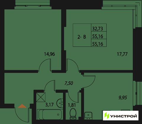 55,2 м², 2-комн. квартира, 2/20 этаж