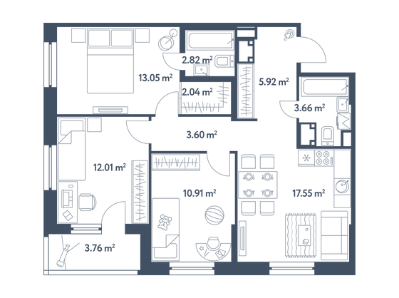 73,4 м², 3-комн. квартира, 19/25 этаж