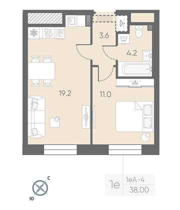 Продажа 1-комнатной квартиры 38 м², 2/12 этаж