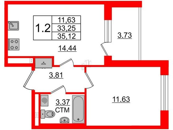 Продажа 1-комнатной квартиры 33,3 м², 2/4 этаж