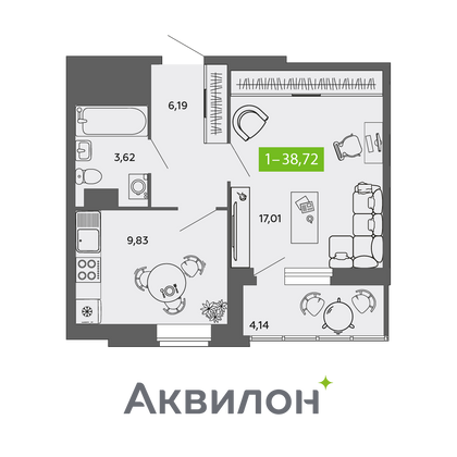 38,7 м², 1-комн. квартира, 9/9 этаж