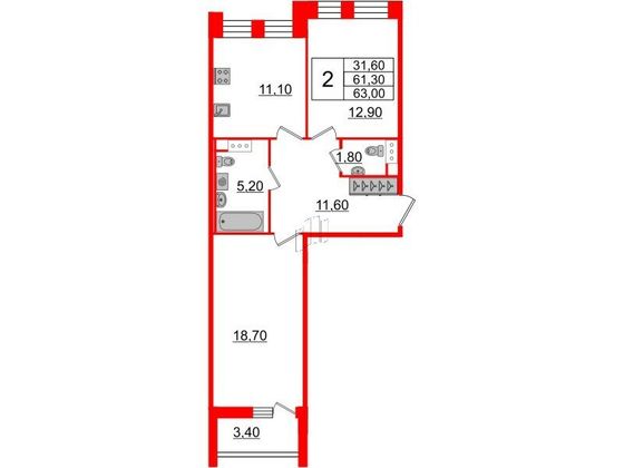 Продажа 2-комнатной квартиры 61,8 м², 5/10 этаж