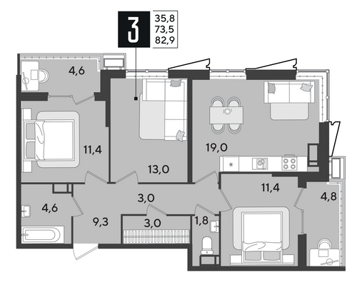 Продажа 3-комнатной квартиры 82,9 м², 18/18 этаж