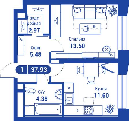 37,9 м², 1-комн. квартира, 10/24 этаж