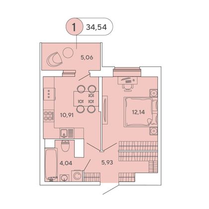 34,5 м², 1-комн. квартира, 9/12 этаж