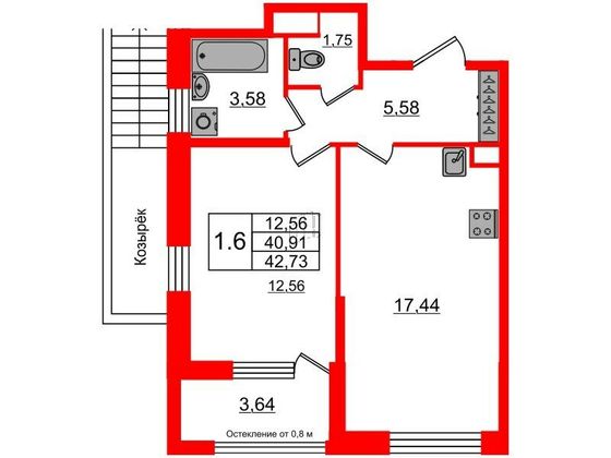 Продажа 1-комнатной квартиры 40,9 м², 1/9 этаж