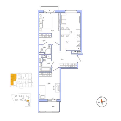 58,4 м², 2-комн. квартира, 5/9 этаж