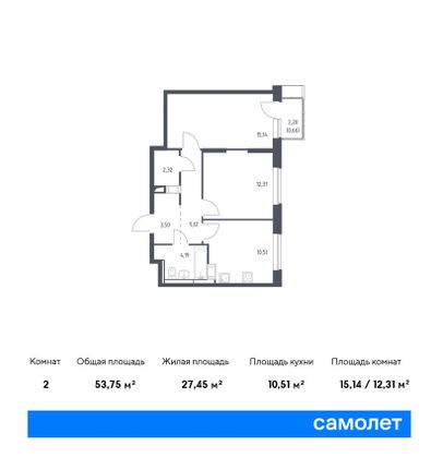 Продажа 2-комнатной квартиры 53,8 м², 6/17 этаж