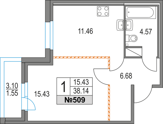 38,1 м², 1-комн. квартира, 14/16 этаж