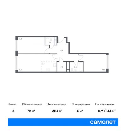 70 м², 2-комн. квартира, 20/21 этаж