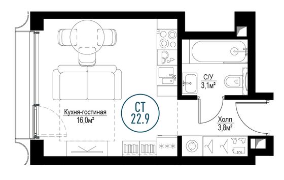 Продажа квартиры-студии 22,9 м², 18/30 этаж