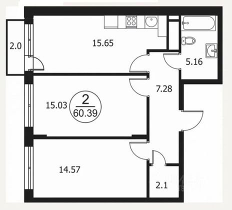 Продажа 2-комнатной квартиры 60 м², 3/4 этаж