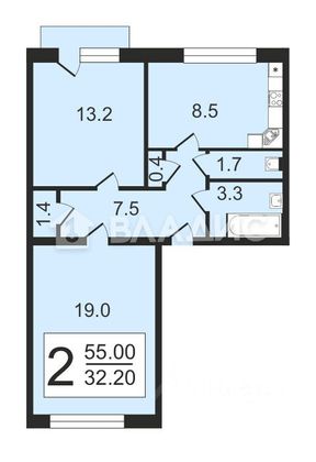 Продажа 2-комнатной квартиры 55,7 м², 3/5 этаж