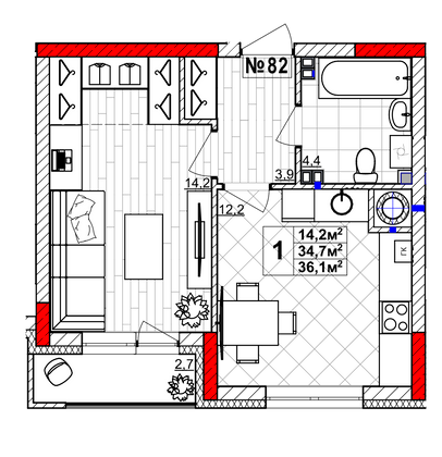 Продажа 1-комнатной квартиры 36,1 м², 2/4 этаж