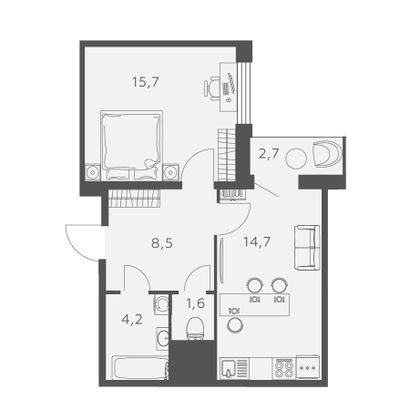 46,1 м², 1-комн. квартира, 23/24 этаж