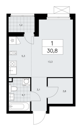 30,8 м², своб. планировка, 2/12 этаж