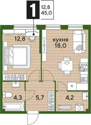 Продажа 1-комнатной квартиры 45 м², 2/16 этаж