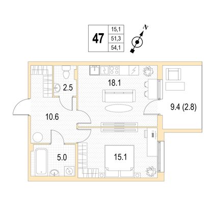 Продажа 1-комнатной квартиры 54,1 м², 3/4 этаж