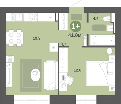 41 м², 1-комн. квартира, 4/9 этаж