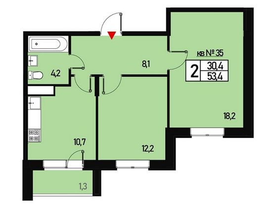 Продажа 2-комнатной квартиры 53,4 м², 2/3 этаж