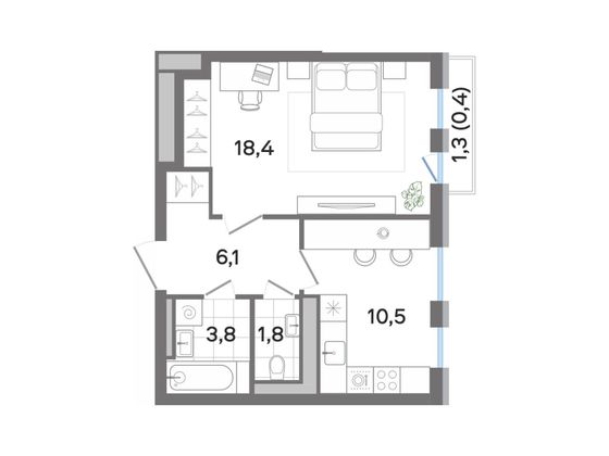 41 м², 1-комн. квартира, 3/4 этаж