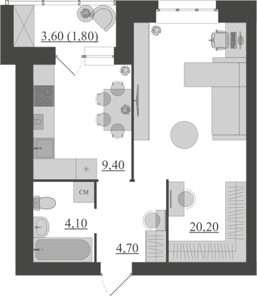 42 м², 1-комн. квартира, 1/6 этаж