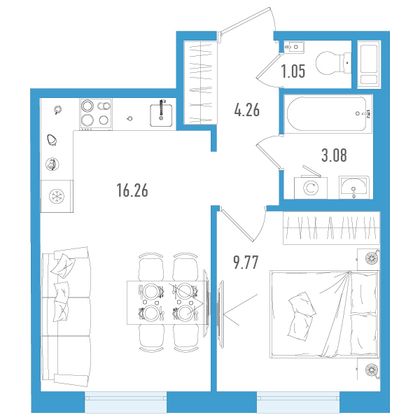 34,4 м², 1-комн. квартира, 4/7 этаж