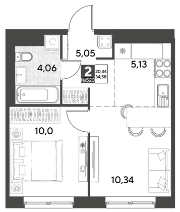Продажа 2-комнатной квартиры 34,6 м², 18/21 этаж