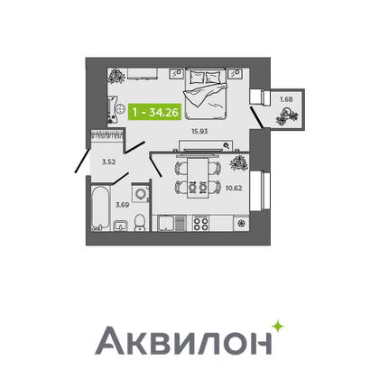 34,3 м², 1-комн. квартира, 5/9 этаж