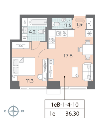 Продажа 1-комнатной квартиры 36,2 м², 5/52 этаж
