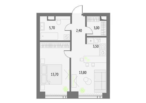 42,1 м², 1-комн. квартира, 34/55 этаж