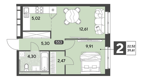 Продажа 2-комнатной квартиры 39,6 м², 1/25 этаж