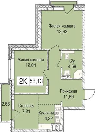 56,7 м², 2-комн. квартира, 3/9 этаж