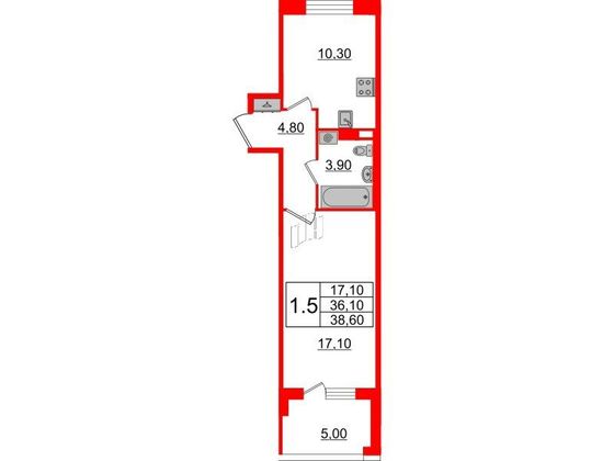 Продажа 1-комнатной квартиры 36,1 м², 4/4 этаж