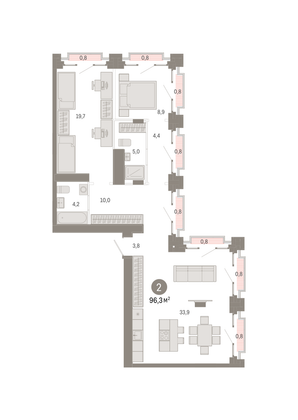 96,3 м², 2-комн. квартира, 31/31 этаж