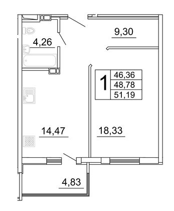 51,2 м², 1-комн. квартира, 2/27 этаж