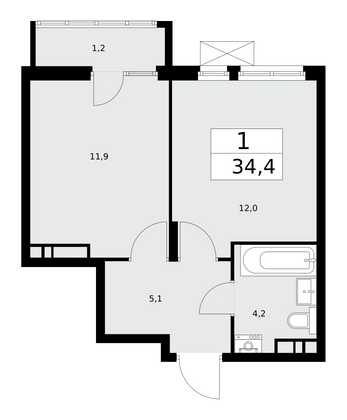 34,4 м², 1-комн. квартира, 9/16 этаж