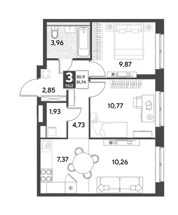 Продажа 3-комнатной квартиры 51,7 м², 2/25 этаж