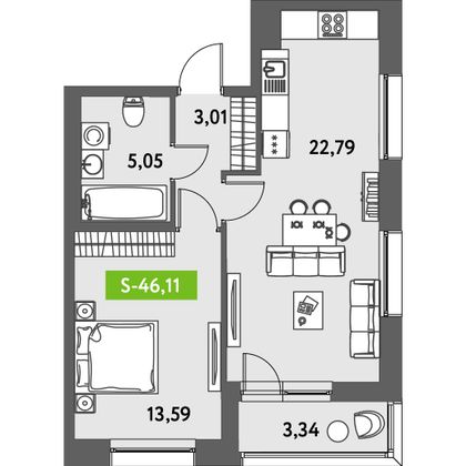 Продажа 1-комнатной квартиры 46,1 м², 2/12 этаж