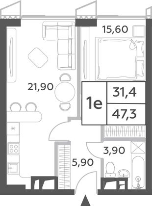 47,3 м², 2-комн. квартира, 41/56 этаж