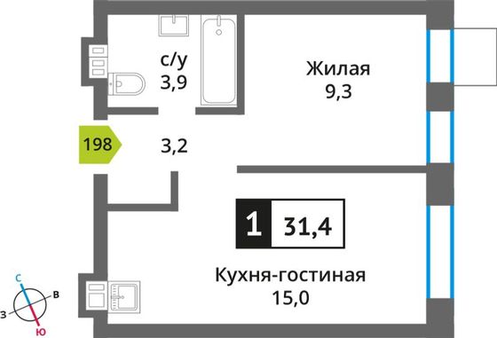 Продажа 1-комнатной квартиры 31,4 м², 4/9 этаж