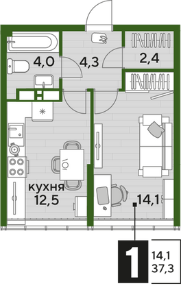 Продажа 1-комнатной квартиры 37,3 м², 15/16 этаж