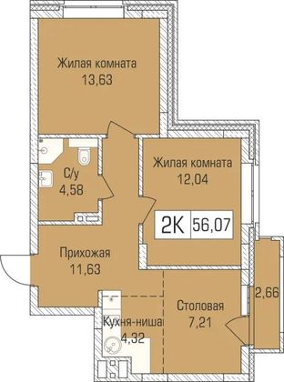 56,4 м², 2-комн. квартира, 2/9 этаж