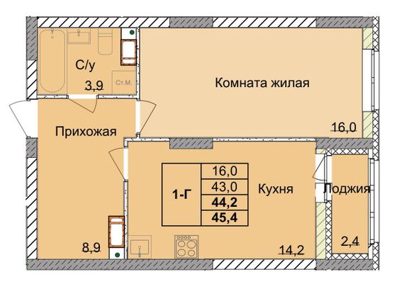 Продажа 1-комнатной квартиры 44,2 м², 2/18 этаж