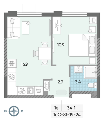 Продажа 1-комнатной квартиры 34,1 м², 22/24 этаж