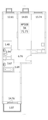 71,8 м², 3-комн. квартира, 9/17 этаж