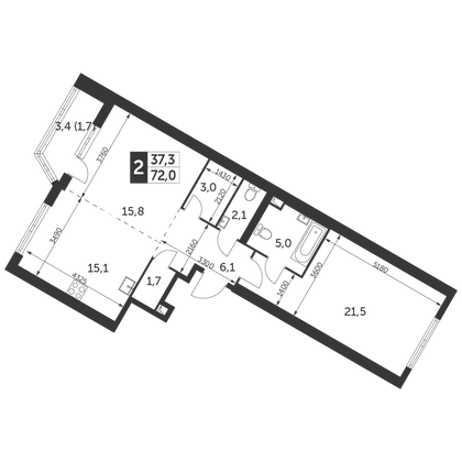 72 м², 2-комн. квартира, 23/47 этаж