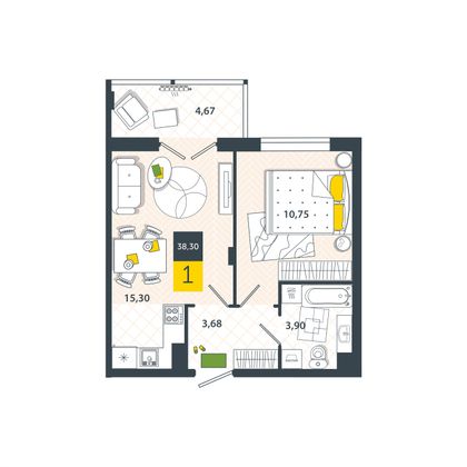 Продажа 1-комнатной квартиры 38,3 м², 4/8 этаж