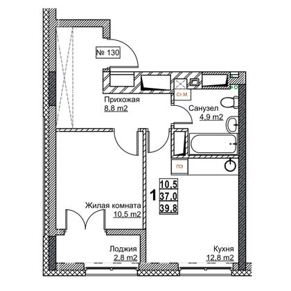 Продажа 1-комнатной квартиры 39,8 м², 16/24 этаж